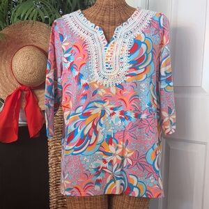 Talbots Colorful Floral Tunic with Embroidered Neckline